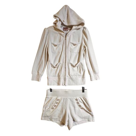 Vtg Y2K Juicy Couture Velour Hoodie White Track Suit Short Set Sz XS Wedding Day